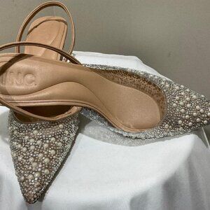 INC pearl & rhinestone formal party vegan leather 2.5" kitten heels NWOB size 9